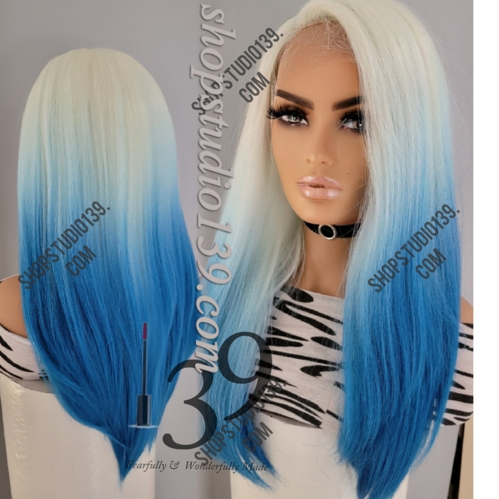 Blue and white human hair HD lace front wig